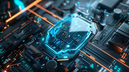 Fototapeta premium computer circuit board with blue neon light, technology chip, motherboard