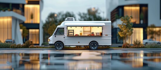 White Food Truck Parked in Front of Modern Buildings