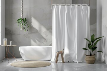 white shower curtain mockup. Minimalist Product Display. Scandinavian bathroom interior design with freestanding stand alone bath, green plants home decor