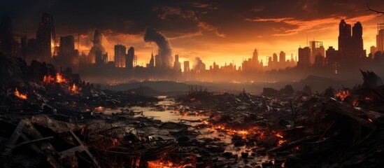 Dangerous disaster disaster with burning cityscape in the background