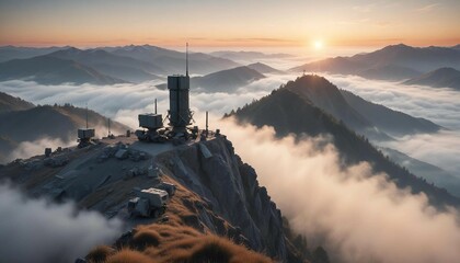 An air defense system positioned on a mountain ridge during sunrise, with mist rising from the valley below
