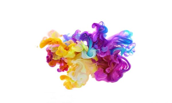 color burst iridescent multicolored colorful rainbow smoke powder explosion fluid ink particles slow motion alpha matte isolated on white.
