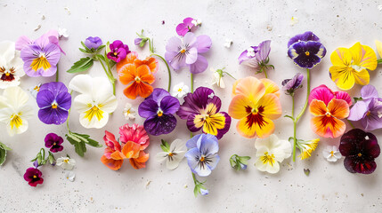 Colorful variety of fresh edible flowers on a light background