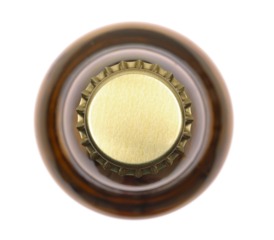  Beer bottle neck with blank cup isolated on white, top view