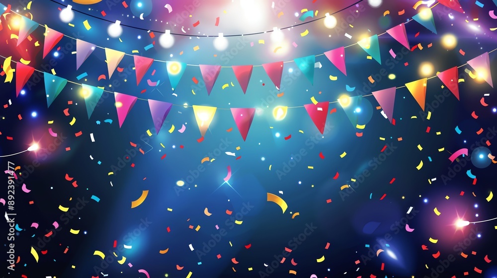 Canvas Prints A celebratory background with colorful flags, confetti and string lights.