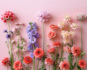 Flowers arranged in flat lay style on a light pink background, springtime banner, ample copy space, ideal for wedding, Mothers Day, or Womens Day greeting card