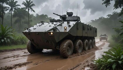 An armored personnel carrier maneuvering through a muddy jungle terrain during the rainy season, with dark, stormy clouds overhead
