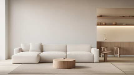 A living room with a white couch and a coffee table