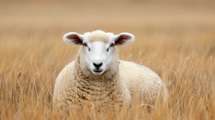 Peaceful White Sheep Resting in Golden Grass Field