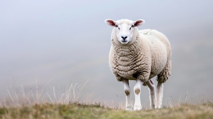 Majestic White Sheep Walking in Misty Morning Landscape