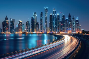 Fototapeta premium City skyline with neon lights taken using low shutterspeed