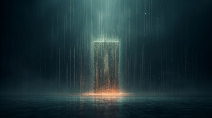 A large, glowing, metallic door is floating in the water