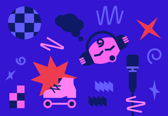 Sticker set in neon colors. Elements in disco theme. Image of a DJ character. Elements of disk, rollers, microphone, disco ball in groove style.