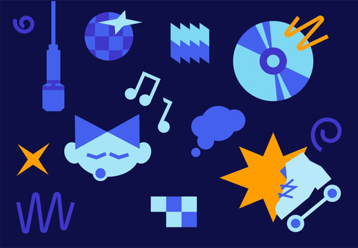 Disco sticker set. Image of a singing girl character. Vector elements of disk, rollers, microphone, disco ball and more. Dynamic geometric design іn groove style.