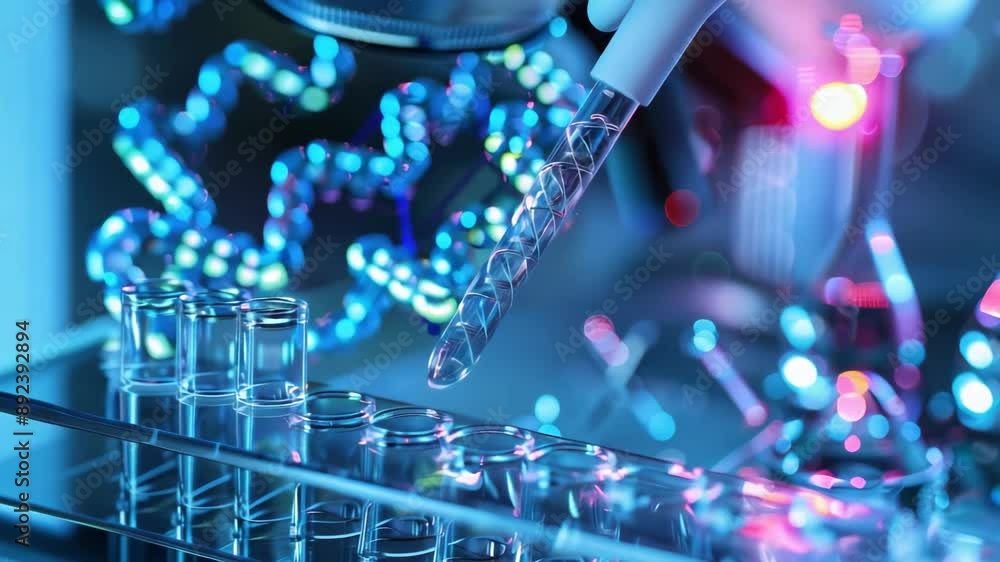 Poster 3d render of a futuristic laboratory scene with dna strands and a pipette