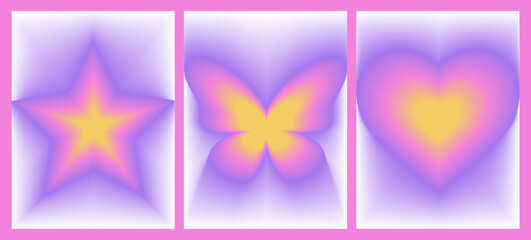 Aura Gradient heart, butterfly, star posters. Y2k style blurred gradient. Blurry aesthetic elements. Colourful spiritual poster. Trendy wall art. Purple, pink, yellow. Print, wallpaper, web template.