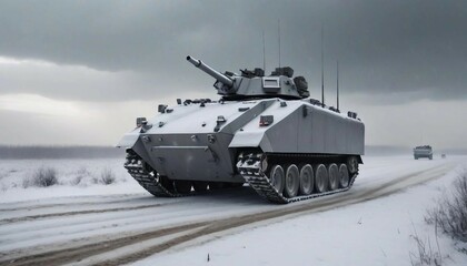 An armored vehicle patrolling a snowy battlefield, under a cold, overcast sky, with heavy snowfall
