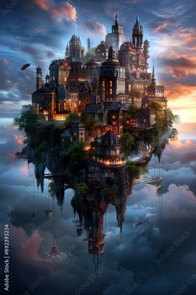 Poster a large castle is floating in the sky. the castle is surrounded by trees and has a lot of windows. t