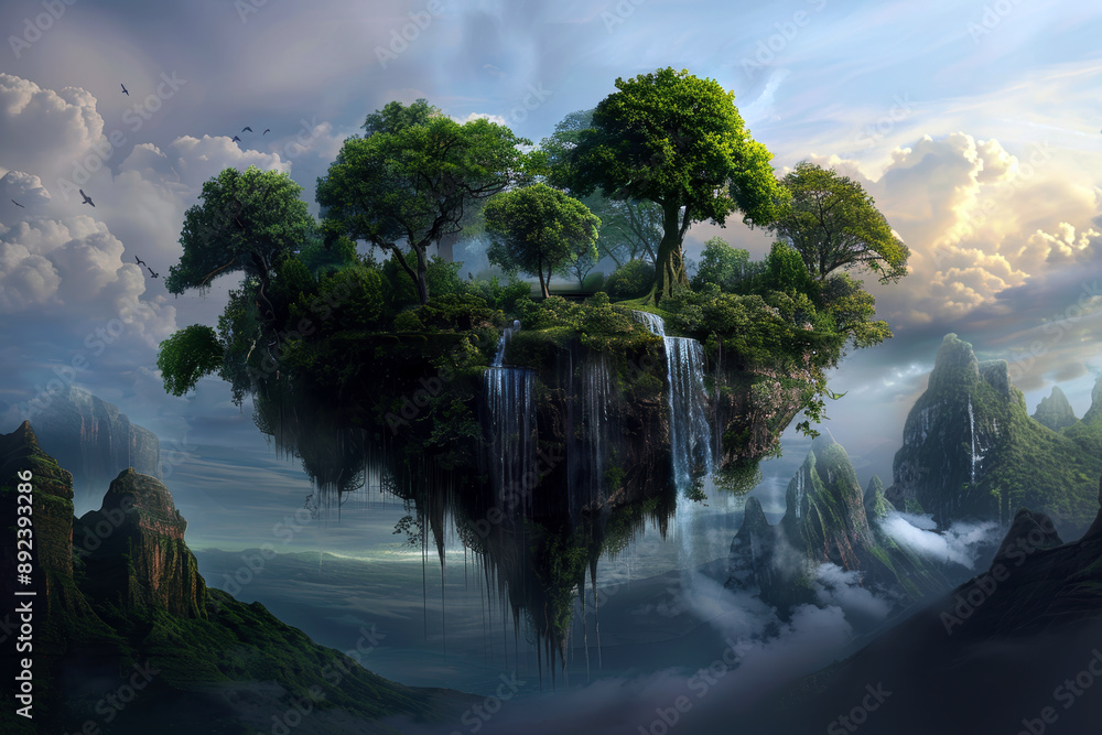 Poster a tree island is floating in the sky with a waterfall on top. the sky is cloudy and the trees are lu
