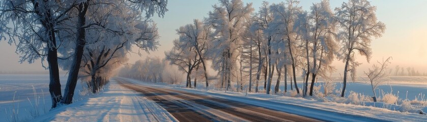Obraz premium Scenic winter road with snow-covered trees and a tranquil, serene atmosphere during sunset, perfect for peaceful, nature-themed backgrounds.