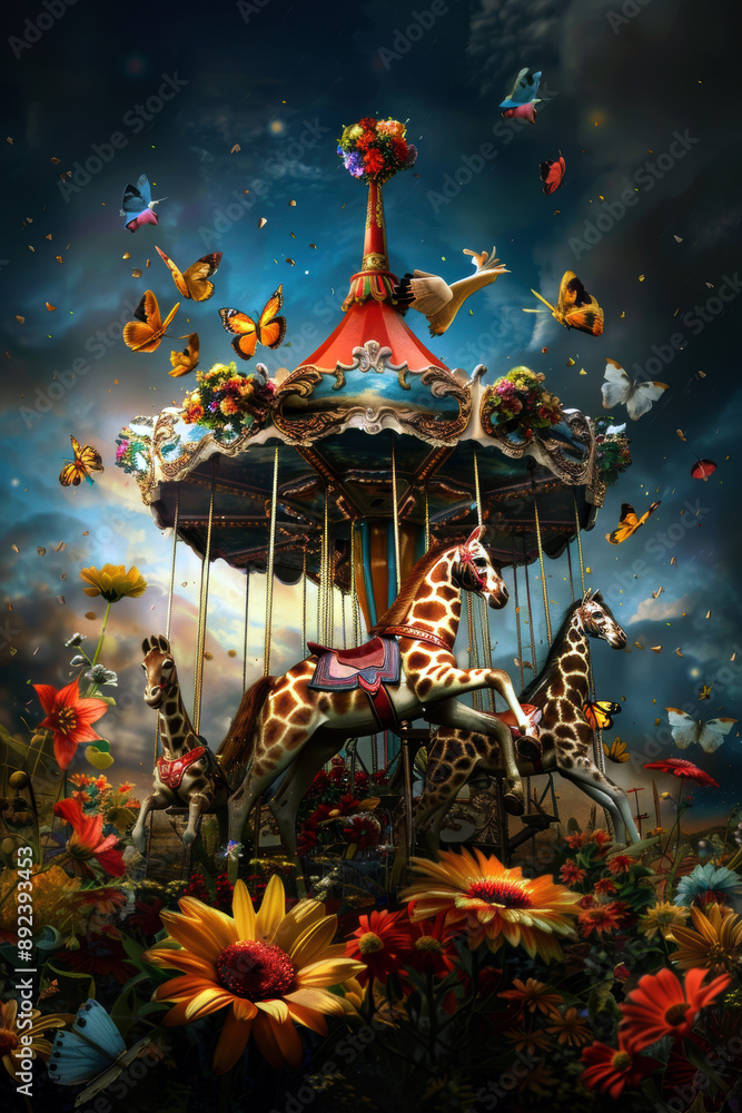 Poster A carousel with a giraffe on it and butterflies flying around it