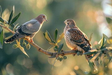Fototapeta premium Dove and hawk perched on same olive branch highlighting peace through strength concept, a copy space