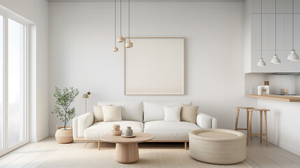 A white living room with a white couch, a coffee table, and a potted plant