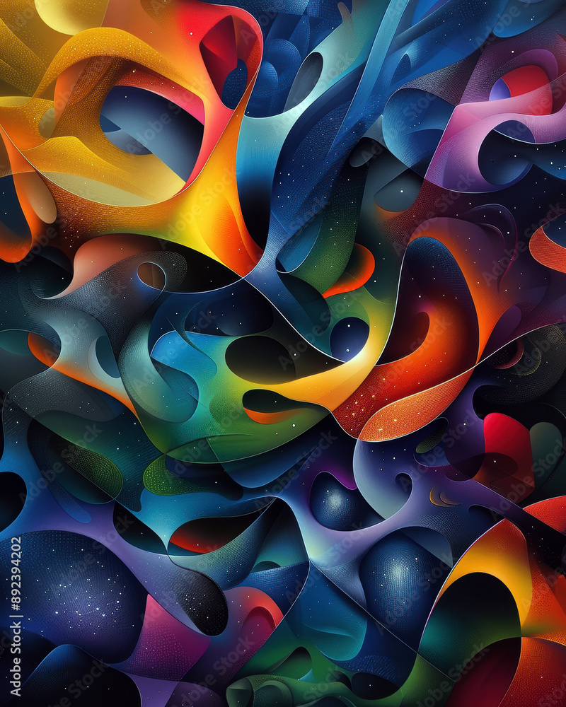 Poster a colorful abstract painting with a lot of different shapes and colors. the painting is full of ener