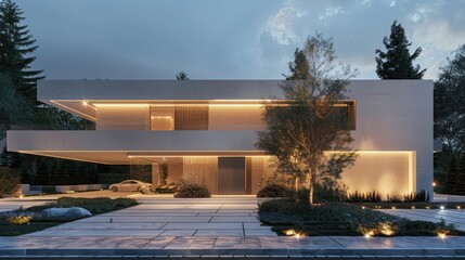 Fototapeta premium luxury suburban home with a minimalist aesthetic, featuring a smooth facade and hidden lighting elements