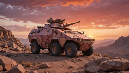 Fototapeta premium An armored vehicle stationed on a rocky hillside at sunset, with the sky ablaze with orange and pink hues 