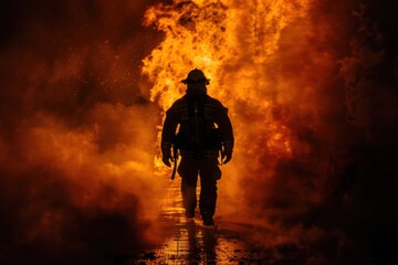 Fototapeta premium Firefighter silhouette during a fire incident