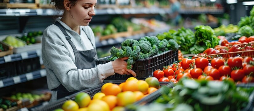 A Female Worker Arranging Broccoli in a Grocery Store - Powered by Adobe