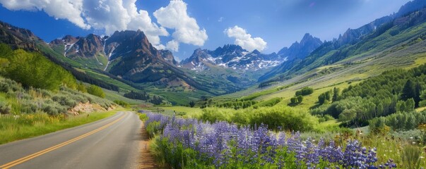 Fototapeta premium Scenic mountain road with lush greenery and vibrant wildflowers, blue sky and towering peaks, capturing the beauty of nature and tranquility.