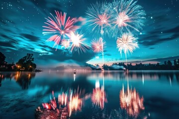 Fireworks reflecting in a lake, celebration concept