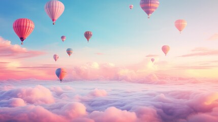 Naklejka premium A panoramic photograph of a vast expanse of hot air balloons in a rainbow of colors, filling the horizon with a breathtaking spectacle.
