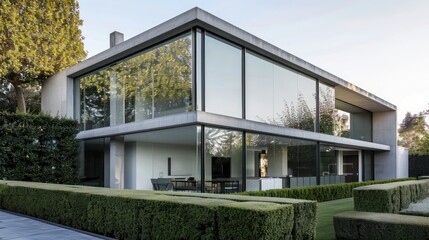 minimalist suburban home with large glass windows and smooth concrete walls, surrounded by neatly trimmed hedges