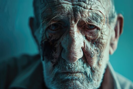 A close-up shot of an elderly man's wrinkled face, ideal for use in stories about aging or nostalgia