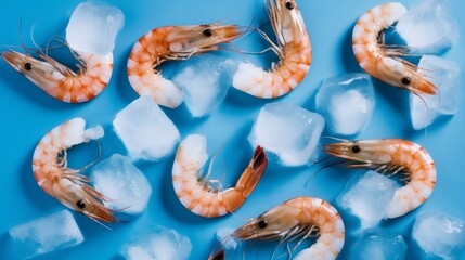 food photography, frozen shrimp on ice cubes, top view, blue background, soft shadows, high resolution photography. The image is in the style of soft shadows