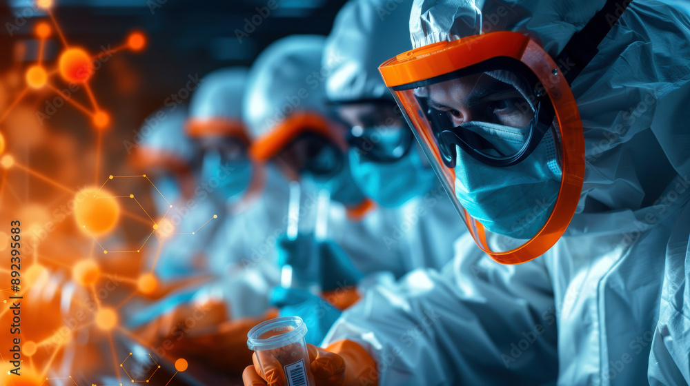 Poster a group of scientists in lab coats and goggles are working on a project. concept of focus and dedica