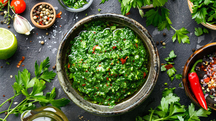 Colorful variety of fresh herbs in a chimichurri sauce