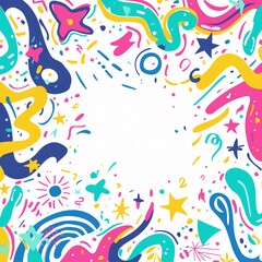 Fototapeta premium a vibrant and playful birthday party invitation. The design should feature a white background with colorful, abstract shapes and patterns, such as swirls, stars