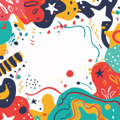 Fototapeta premium a vibrant and playful birthday party invitation. The design should feature a white background with colorful, abstract shapes and patterns, such as swirls, stars
