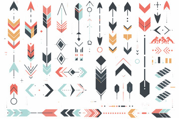 a series of flat, simple vector arrows on a 100% white background. Incorporate a mix of classic arrows, arrowheads, and creative arrow designs such as arrows with tails or arrows within circles. 