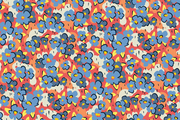Seamless floral pattern, abstract ditsy print, liberty style sketch meadow. Artistic textile, wallpaper design: small simple hand drawn flowers, leaves, grass on a colorful field. Vector illustration. © Yulya i Kot