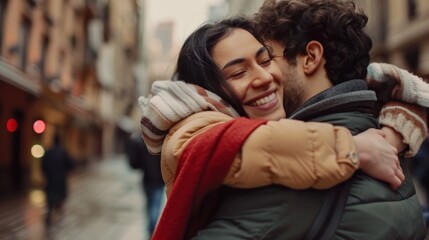 Fototapeta premium A man and a woman are hugging each other on a rainy day