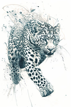  tattoo sketch of a leopard in a realistic style. Depict the leopard in a crouching position, ready to pounce, with detailed spots and muscular features
