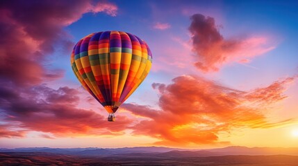 Fototapeta premium photograph of a hot air balloon at sunset, with the sky ablaze with orange, pink, and purple hues