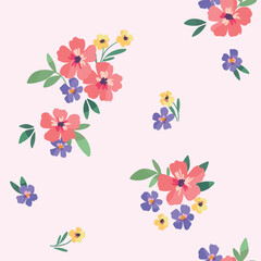 Seamless floral pattern, liberty ditsy print, abstract nature ornament in folk motif. Cute textile, wallpaper design: small hand drawn flowers, tiny leaves, simple pretty bouquets. Vector illustration