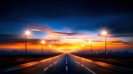 A long road with many street lights and a beautiful sunset in the background. The street lights are lit up and the sky is orange and pink