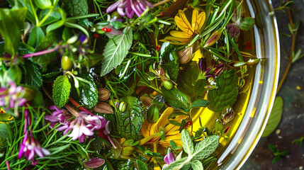 Colorful variety of fresh herbs in a herb-infused olive oil